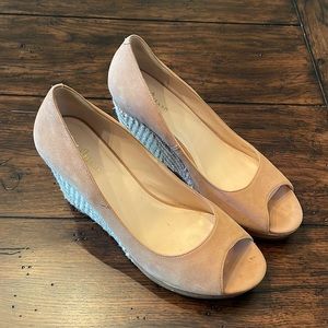 Cole Haan Almond colored nubuck peep toe wedges